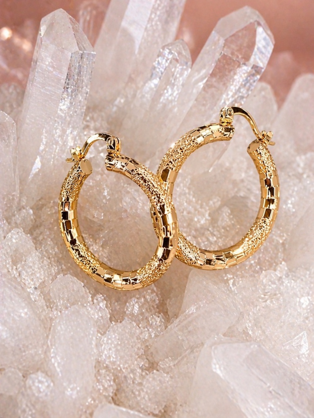 Gold Textured Hoop Earrings - Women Jewelry